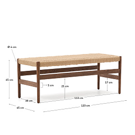 Zaide Скамейка из массива дуба с отделкой под орех и сиденьем из веревочного шнура, 120 см