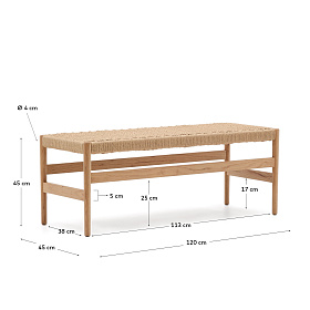 Zaide Скамейка из массива дуба с натуральной отделкой и сиденьем из веревочного шнура, 120 см