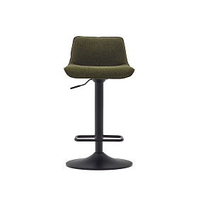 Барный стул Zenda из синели темно-зеленого цвета и черной матовой стали, высота 81–102 см.